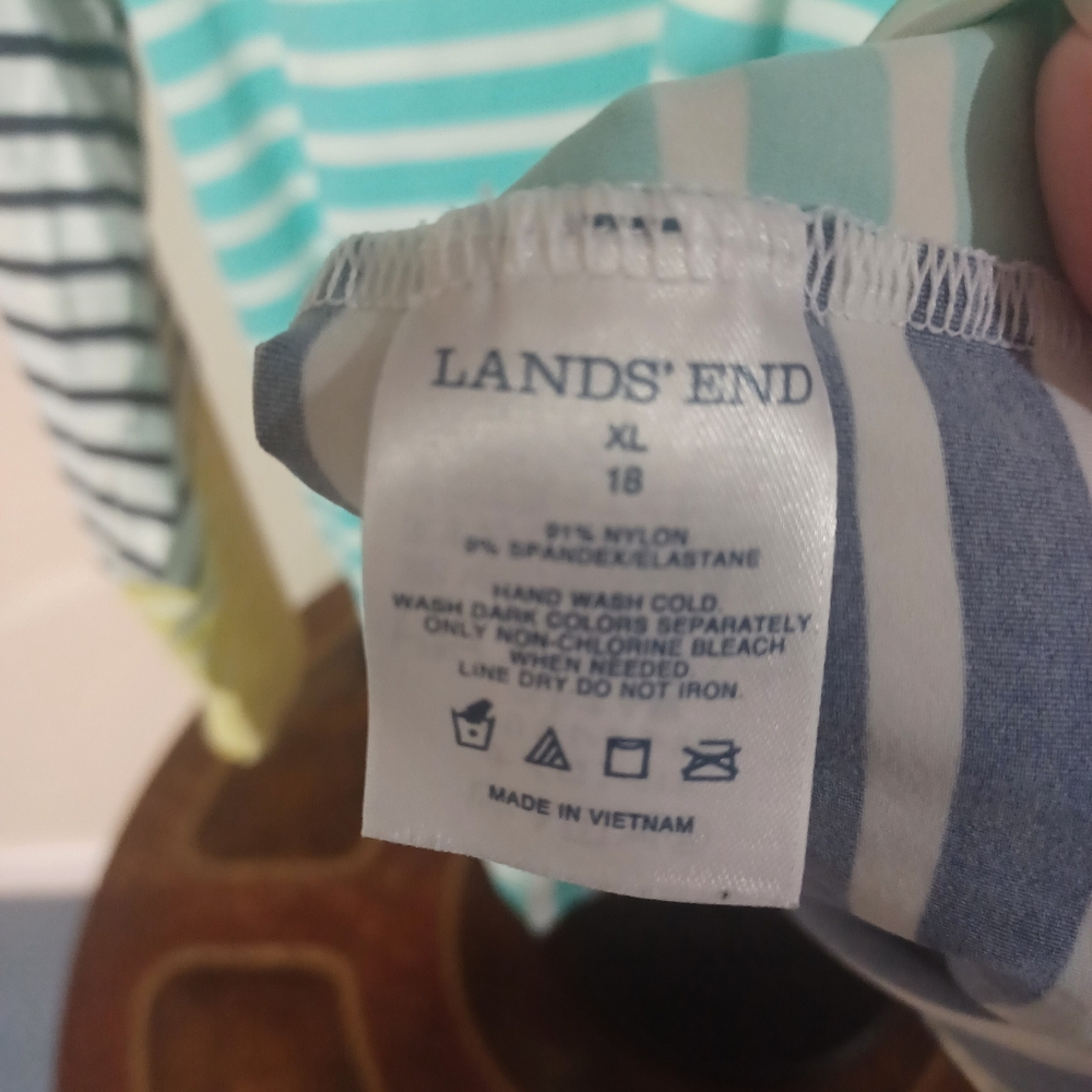 Lands' End Striped in Aqua, Navy & Yellow Summer Shirt - Picture 4 of 4